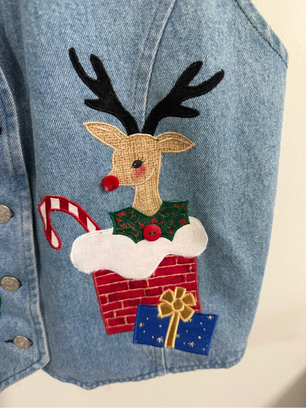 Vintage Rhea’s Fun Fashions Christmas Denim Vest XL Santa Rudolph Made USA